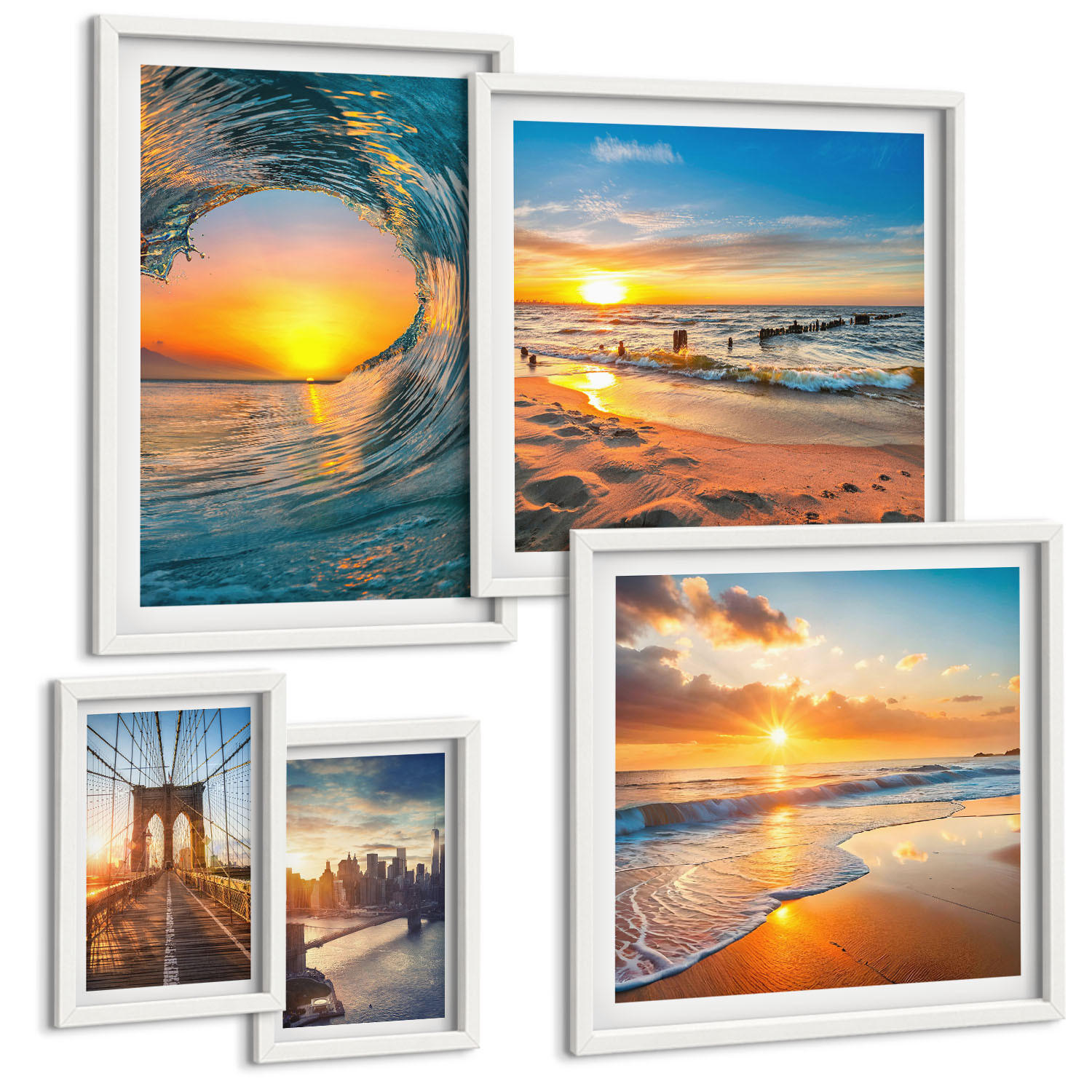 BILDER SET 5er Set - 50x50 cm & 20x30 cm & 40x60 cm Weißer Rahmen - Brücken, Sonnenuntergänge, Stadt - Weiß, Kunststoff (40/60cm) - TULUP