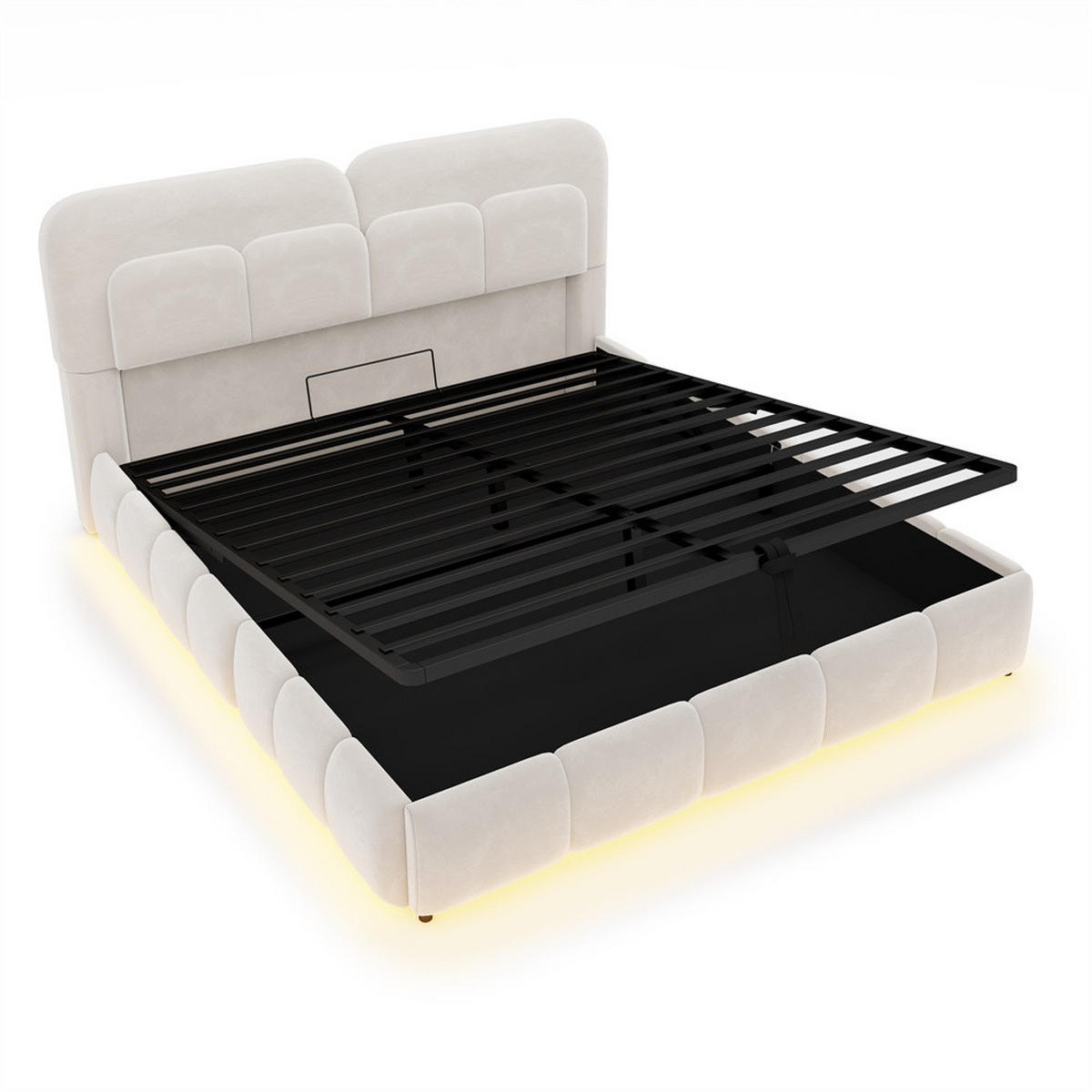 POLSTERBETT 140x200 cm mit LED Beleuchtung - hydraulischer Hebefunktion - Beige - Samt - ohne Matratze - Beige, Textil (140/200cm) - DELFA