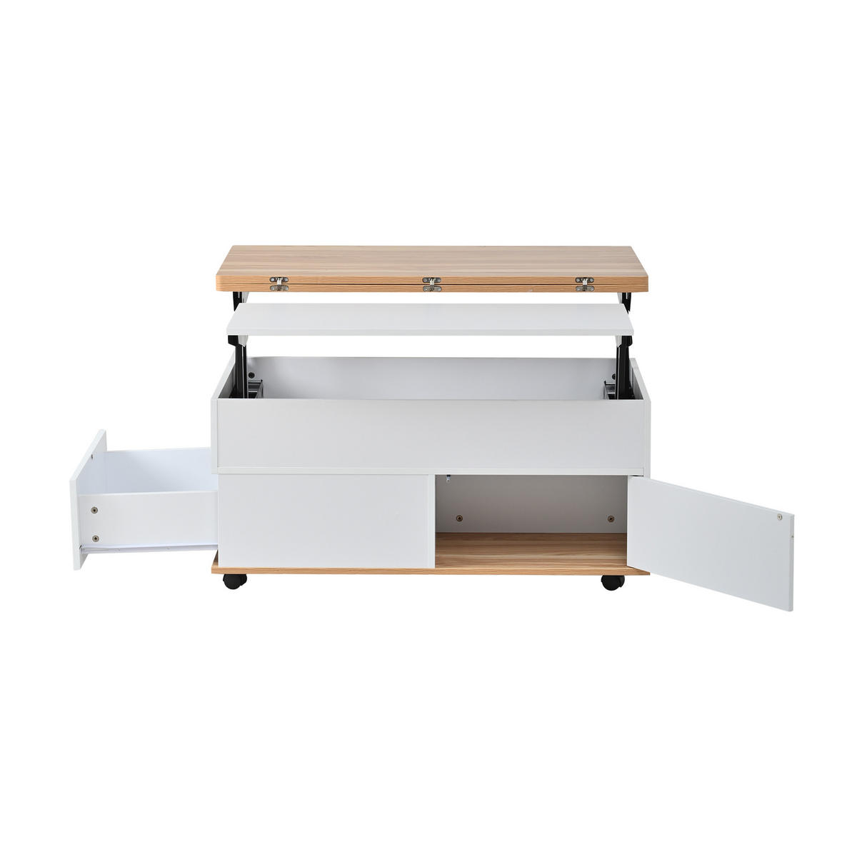 COUCHTISCH DE-37100 höhenverstellbar mit Stauraum und Rollen Weiß/Natur - Weiß, Holzwerkstoff (100/98/65cm) - ComfortXL
