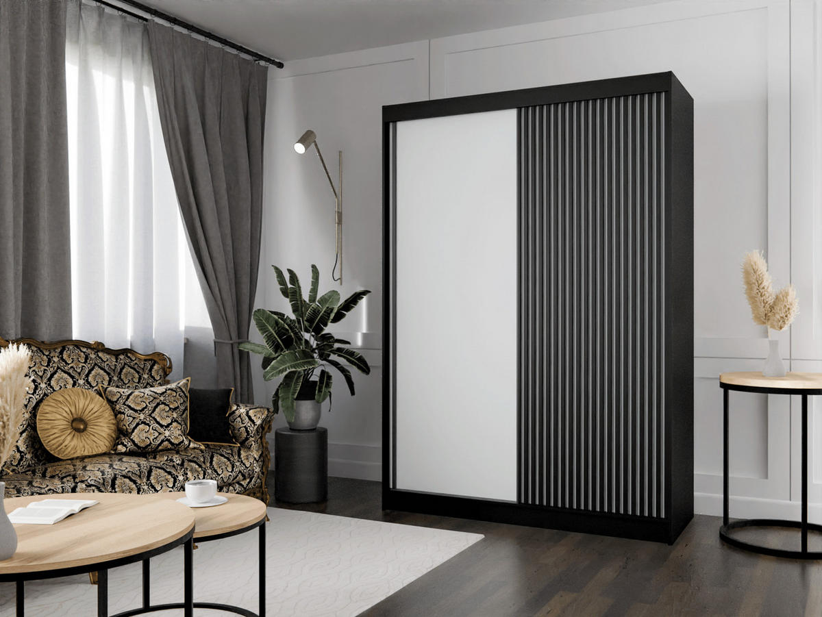 SCHWEBETÜRENSCHRANK Lili 120 cm mit Lamellen 2-türig, schwarz, weiß, Lamelle schwarz - Schwarz/Weiß, Kunststoff (120/215/61cm) - Margaret Hadas24