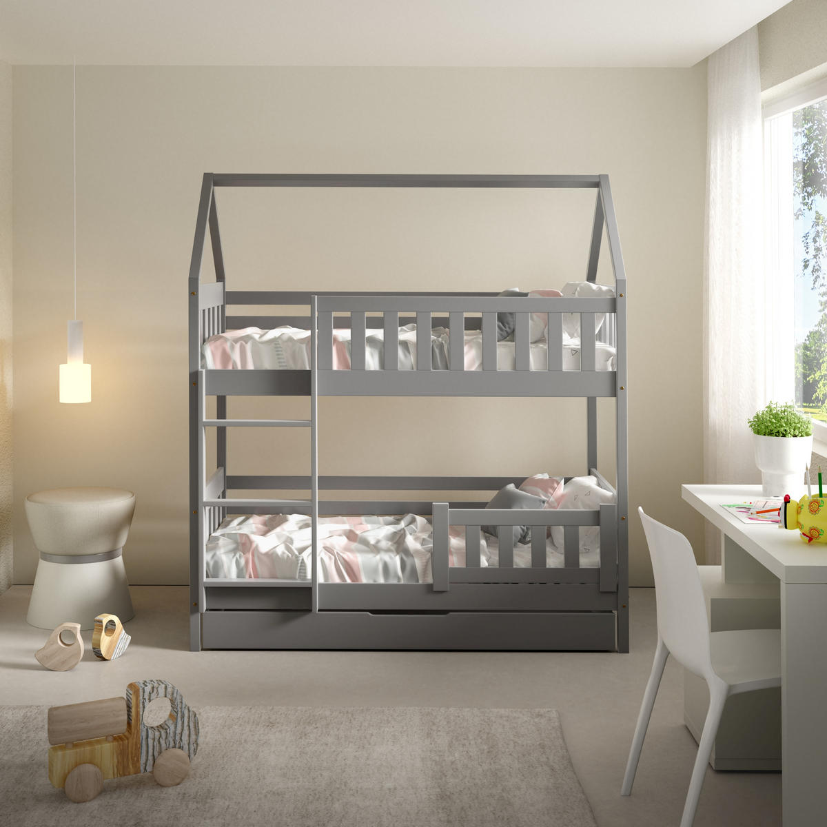 ETAGENBETT ELENA mit Bettkasten 80x190 cm Hellgrau - Hellgrau, Holz (80/190cm) - MASSENO