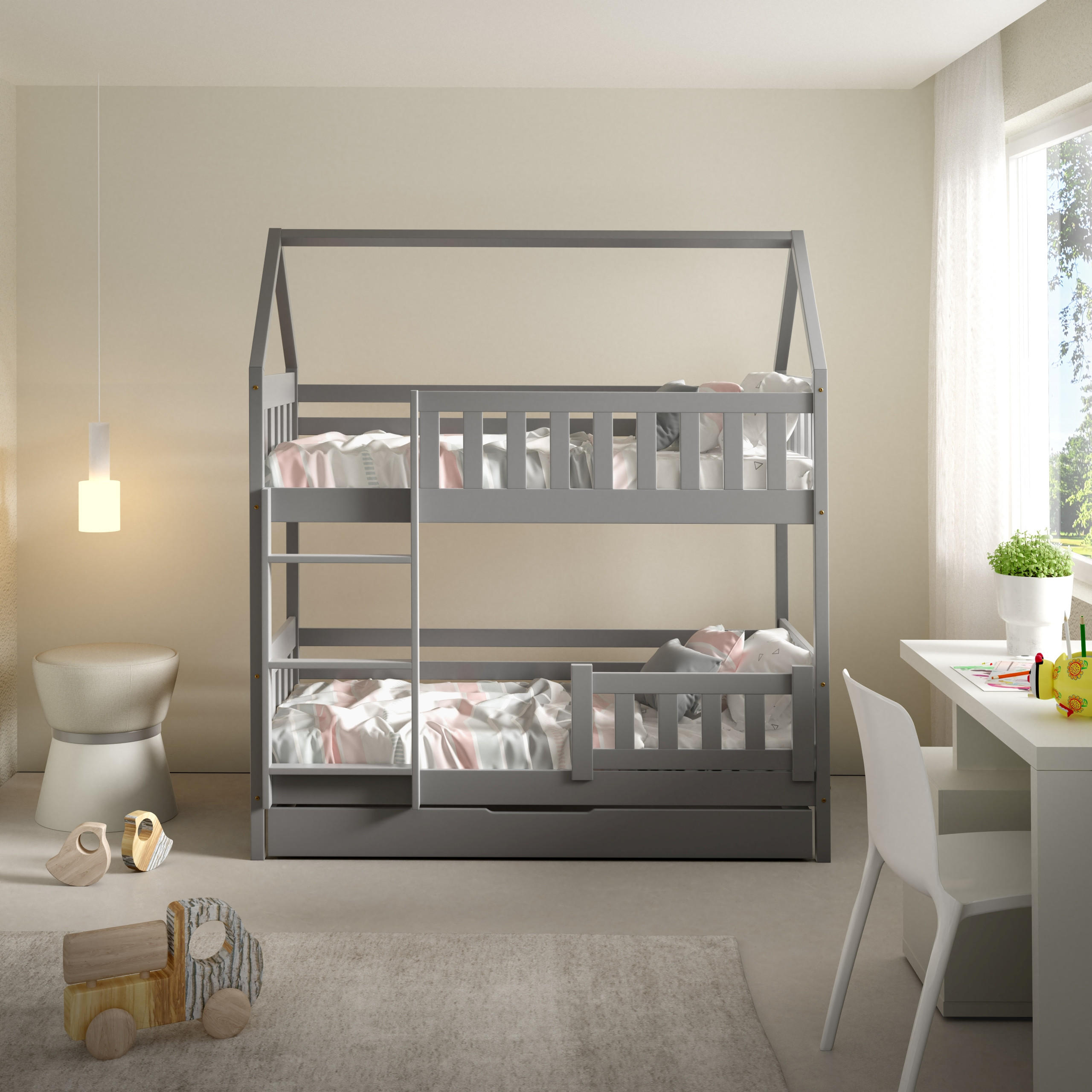 Thumbnail - Masseno Etagenbett, Hellgrau, Holz, 80x160 cm, Kinder- & Jugendzimmer, Kindermöbel, Kinderbetten, Hausbetten