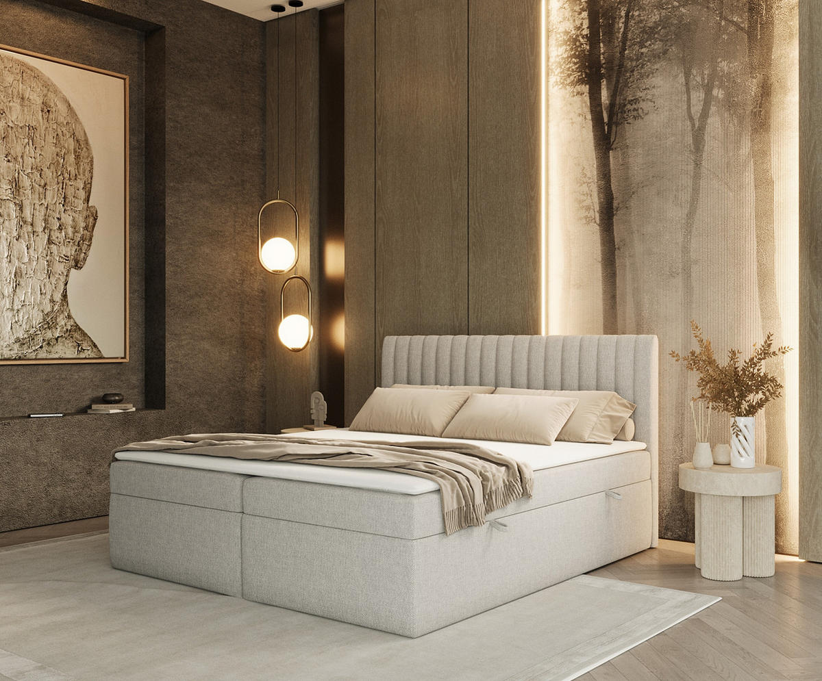 BOXBETT Maldon 180/200 cm Graubeige im Megan Stoff - Schwarz/Grau, Holz/Holzwerkstoff (180/200cm) - AltaBeds