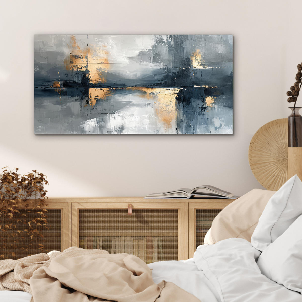 KOVOVÝ OBRAZ Umenie - sivé - zlaté - abstraktné 80x40 cm - tmavosivá, kov (80/40cm) - MuchoWow
