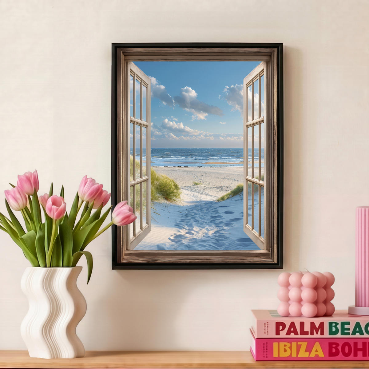 LEINWAND Bilder mit Rahmen - Aussicht - Strand - Fenster - Dünen - Meer - 30x40 - Hellblau, Textil (30/40cm) - MuchoWow