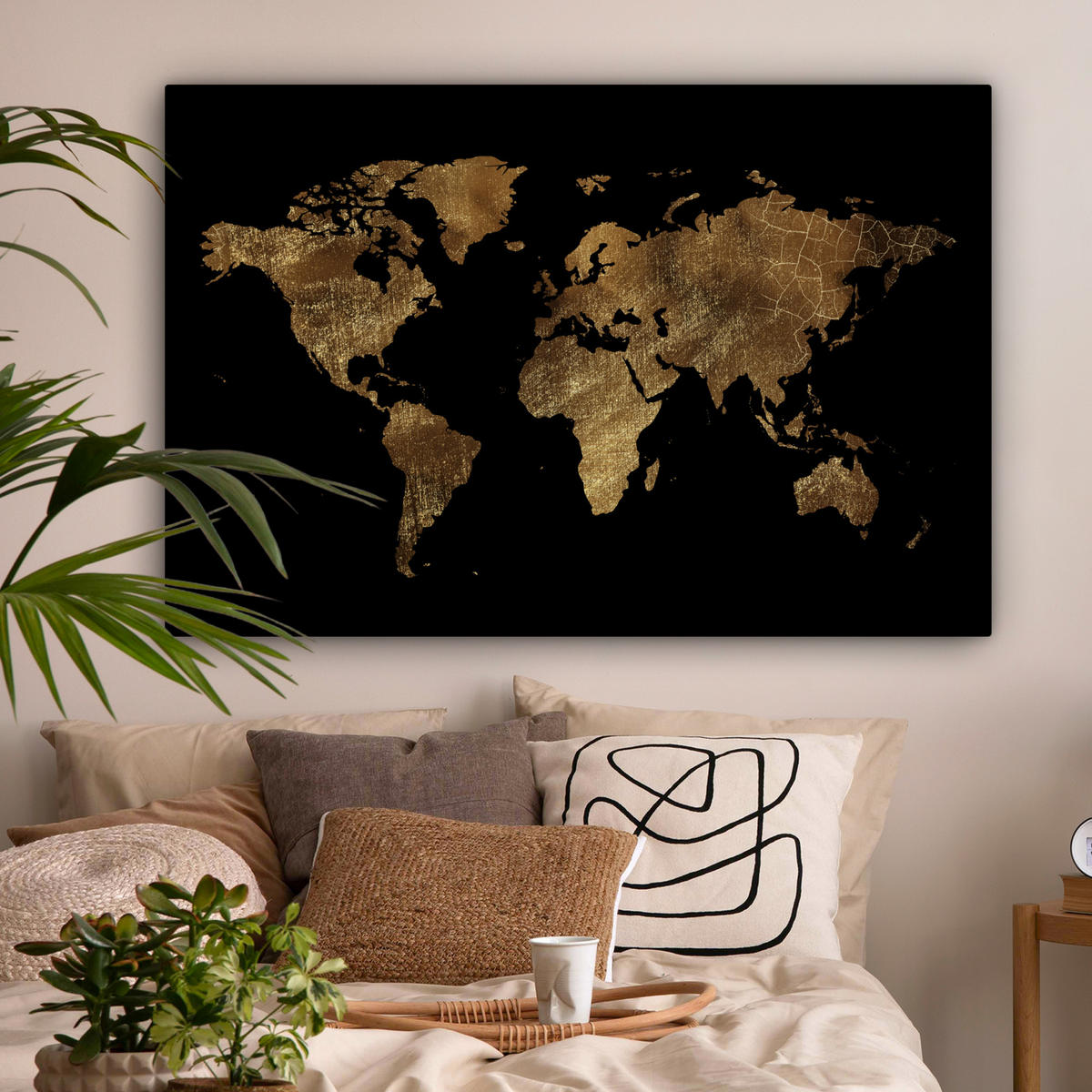 LEINWANDBILD Weltkarte - Gold - Luxus - Erde - Schwarz Wohnzimmer Groß 120x80 cm - Goldfarben, Textil (120/80cm) - MuchoWow