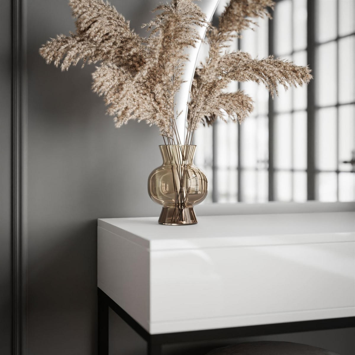 SCHMINKTISCH schwarz/weiß Hochglanz QUINNIE mit LED-Spiegel links PUSH OPEN - Weiß Hochglanz/Schwarz, Holzwerkstoff (100/176/42cm) - Lookway