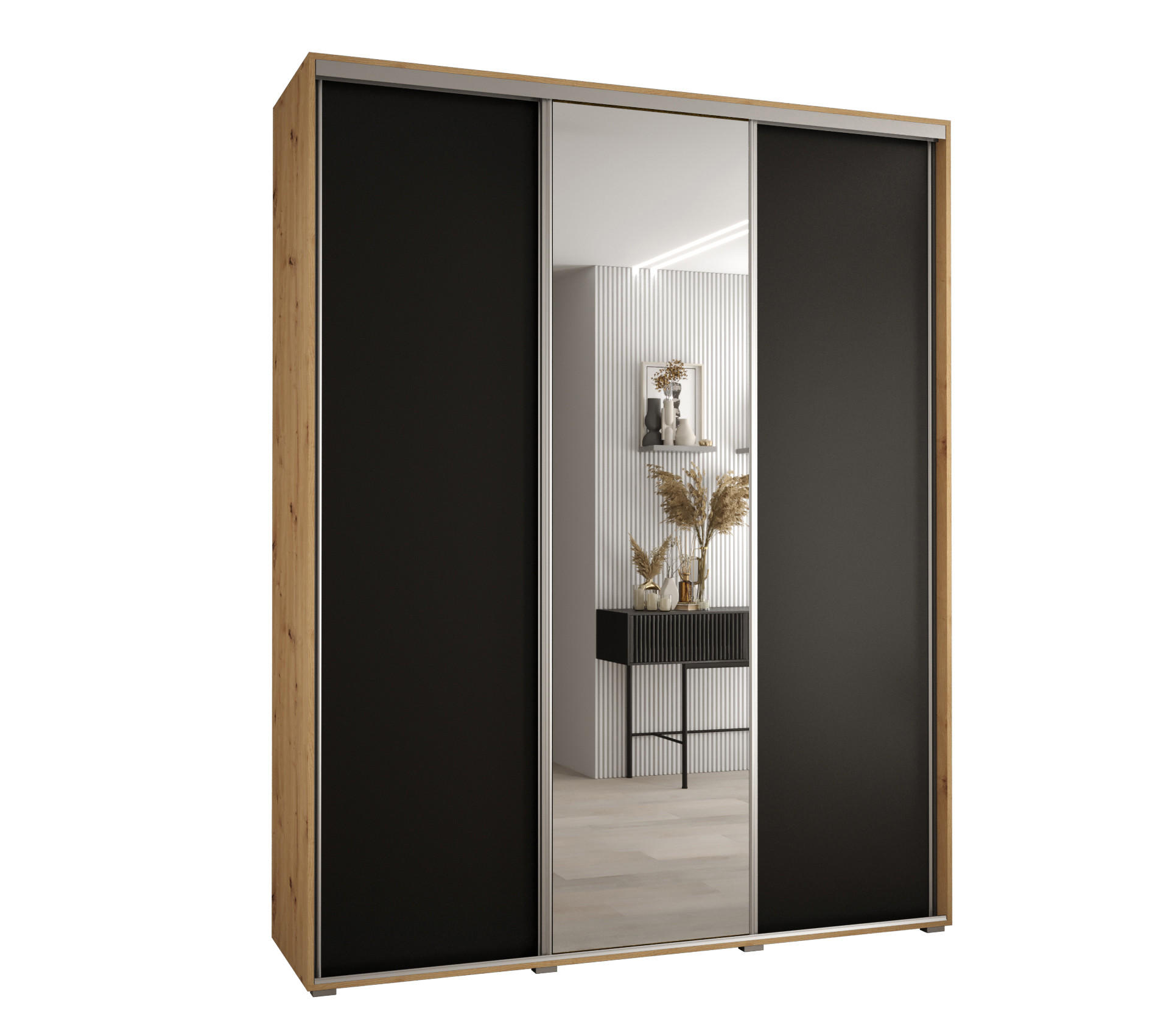 Abiks Möbel Schwebetürenschrank Eiche Artisan, Schwarz, Silber 190x235x60 cm