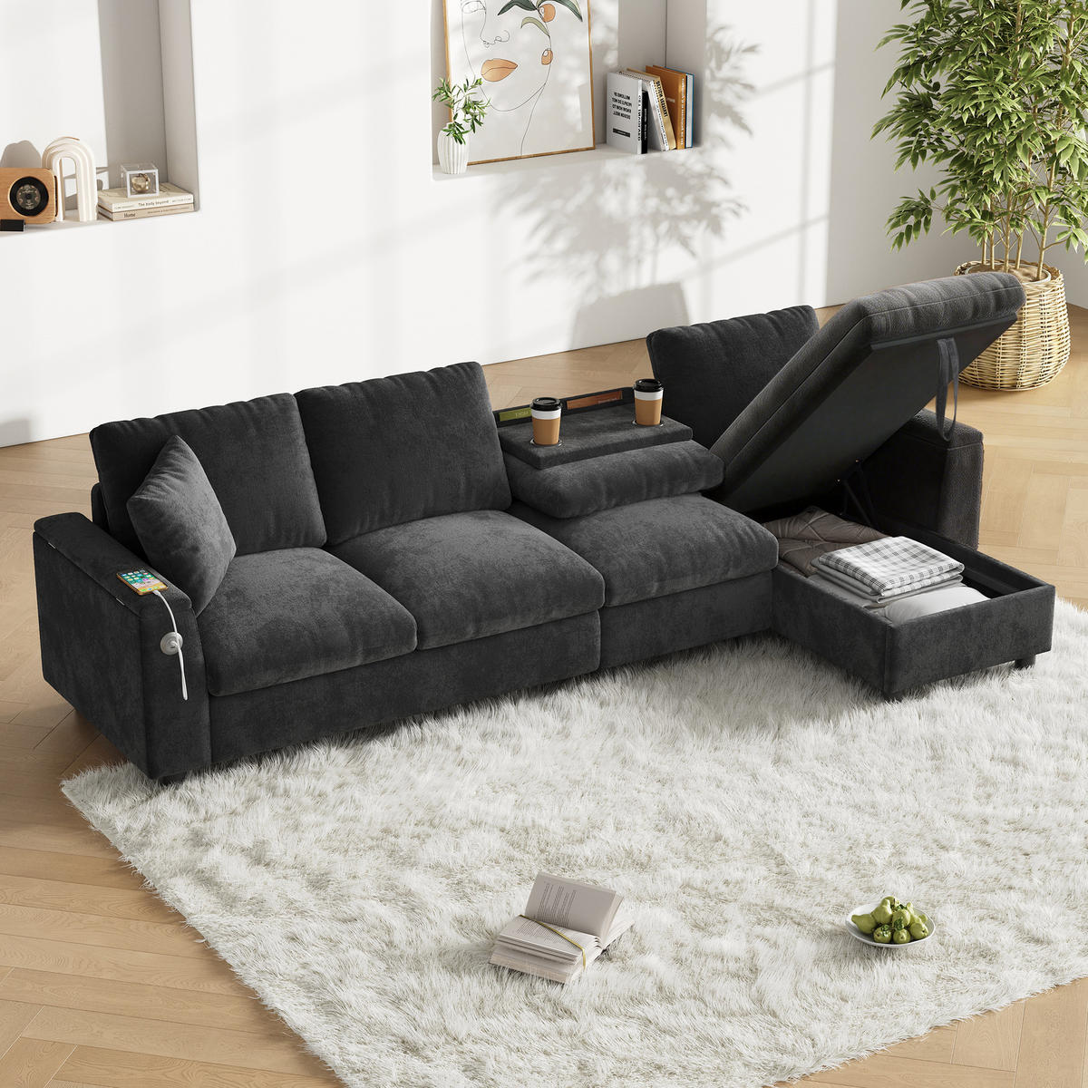 ECKSOFA 280/137/84 cm Grau mit Ausklappbarer Couchtisch und Stauraum - Grau, Textil (280/137cm) - Oxeza