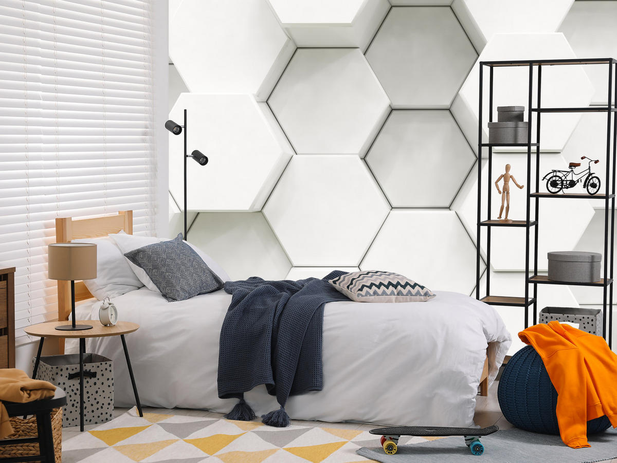 FOTOTAPETE für Wohnzimmer Hexagone Formen Geometrie 350x256 - Weiß/Grau, Papier (350/256cm) - Muralo