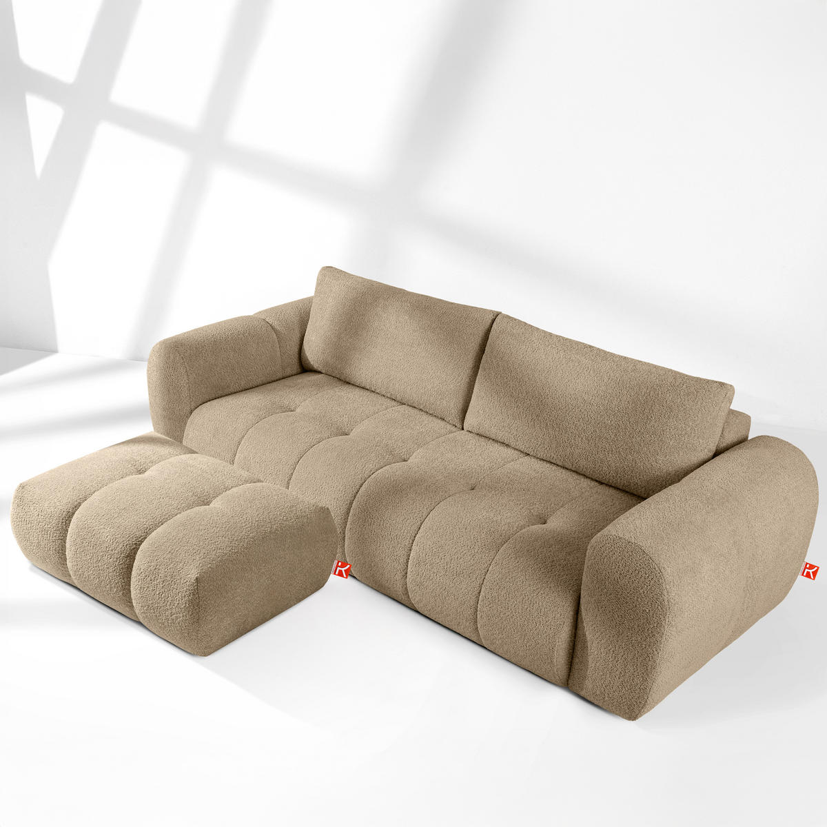 SOFA LIRA mit Pouf, Beige, Bouclé - Beige, Holz/Holzwerkstoff (96/43/50cm) - KONSIMO®