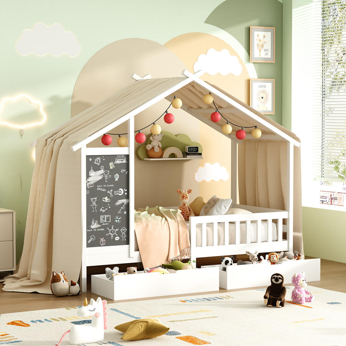 HAUSBETT 90x200cm mit 2 Schubladen, Weiß - Weiß, Holz (90/200cm)