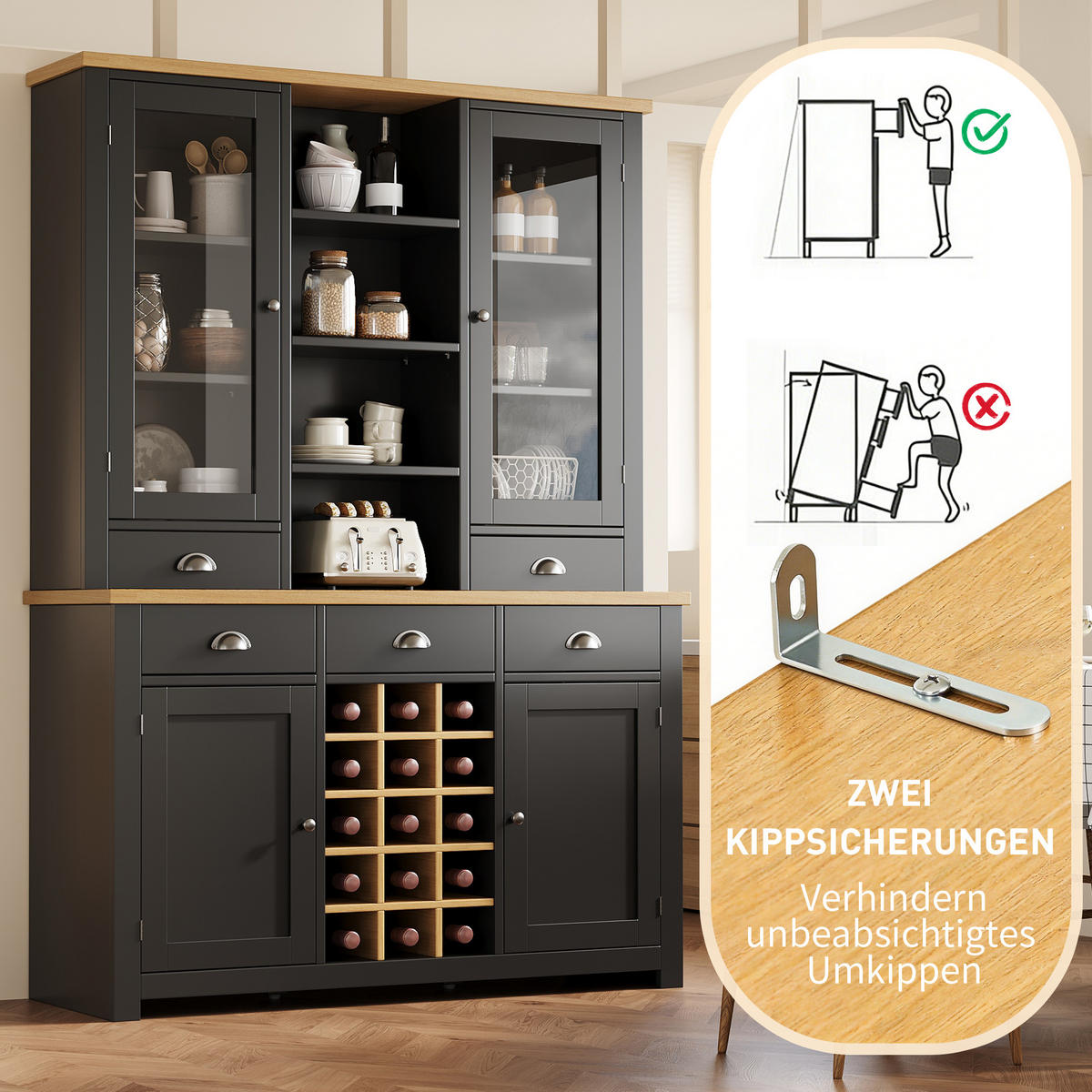 BUFFETSCHRANK Soft-Close Schwarz 120/40/185 cm - Schwarz, Holz (120/185/40cm) - PANGIVO
