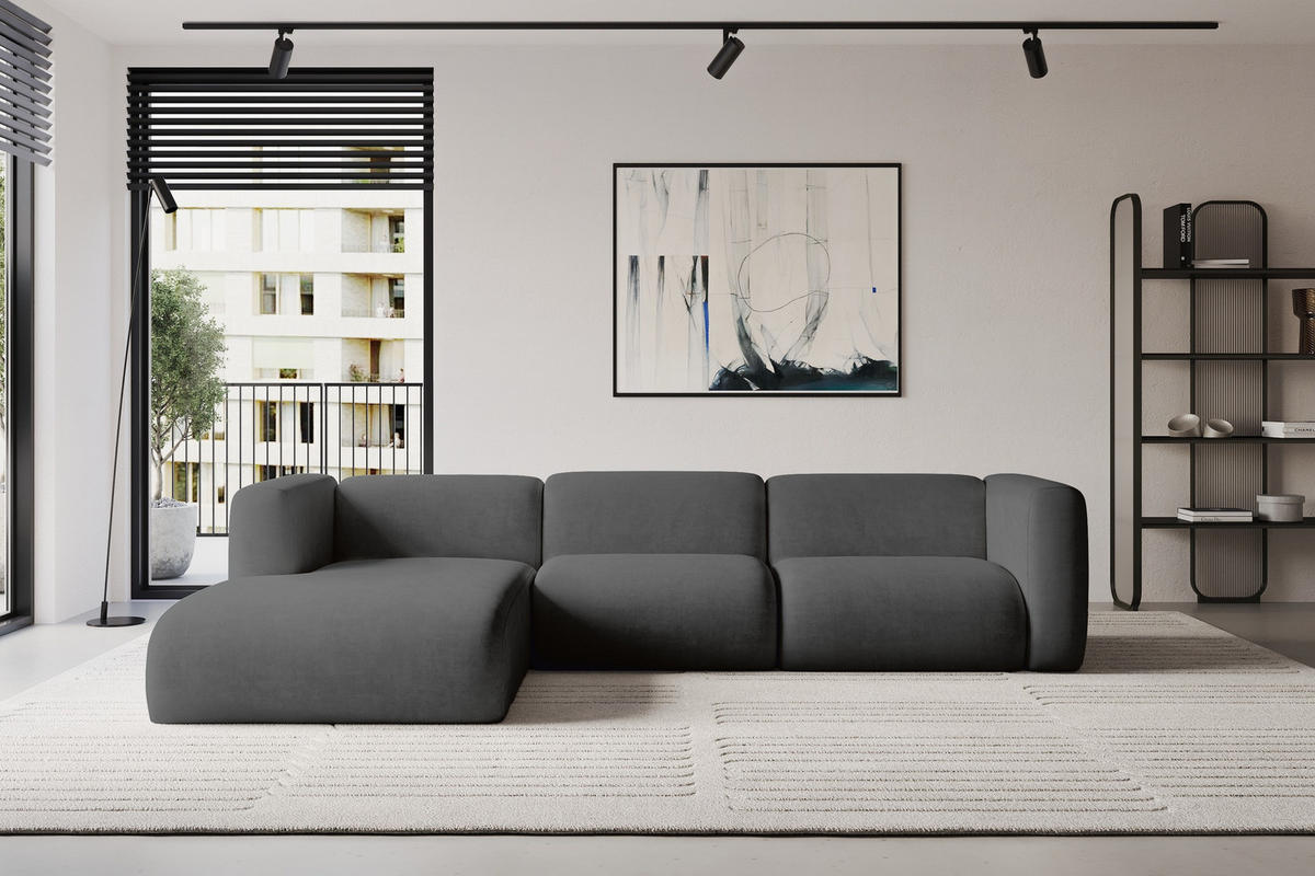 ECKSOFA Ottomane Links MIRA-L2 318x179x89 Dunkelgrau Velours - Dunkelgrau/Schwarz, Holzwerkstoff/Kunststoff (318/179cm) - ALTDECOR