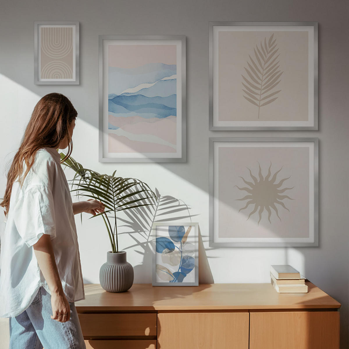 WANDBILDER 5er Set - 50x50 cm & 20x30 cm & 40x60 cm Silberner Rahmen - Abstrakte Linien der Sonnenwellen - Silberfarben, Kunststoff (40/60cm) - ArtPrintCave