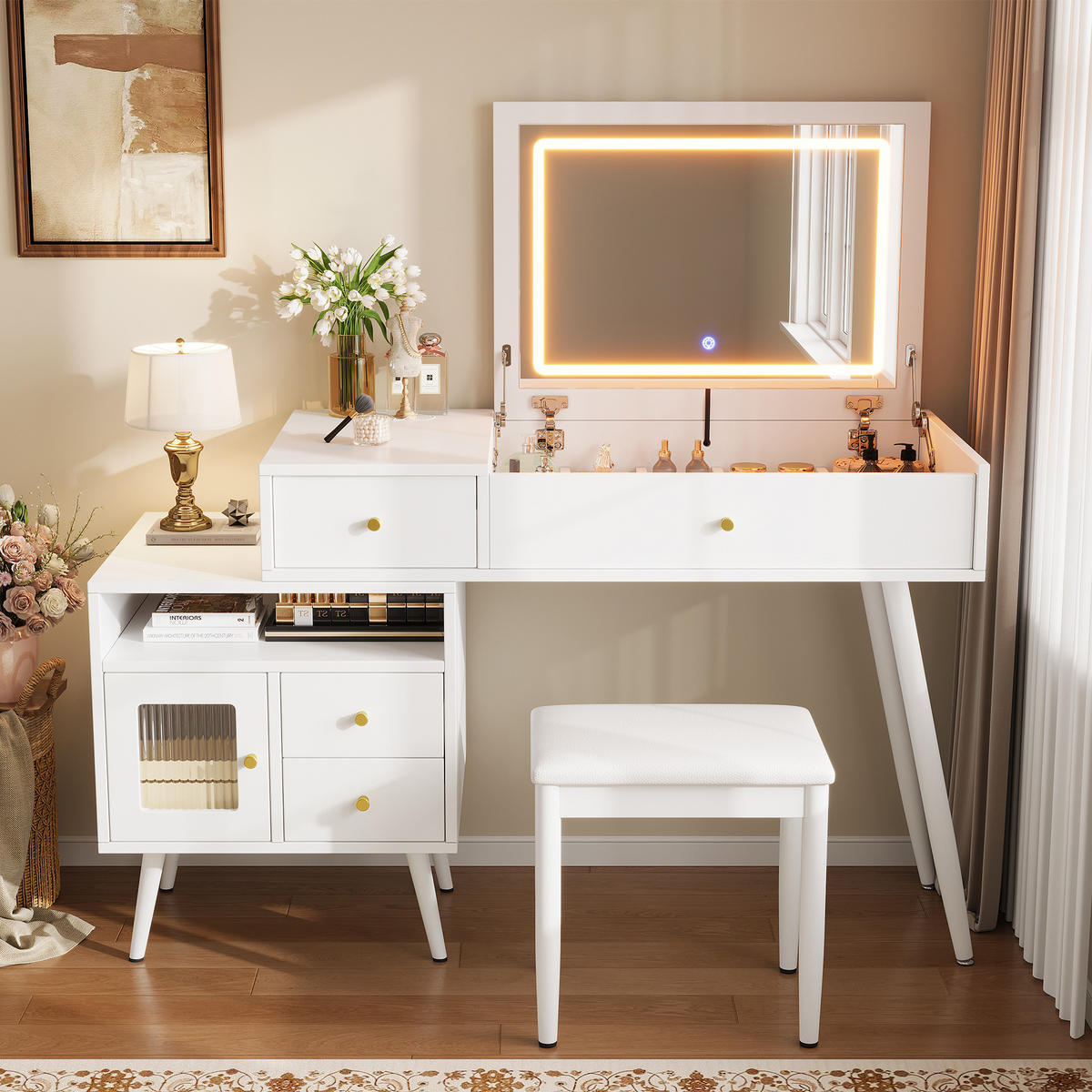SCHMINKTISCH Set mit Hocker LED Spiegel Metallgriffe Modern - Weiß, Holzwerkstoff (120/77.5/50cm) - FLIEKS