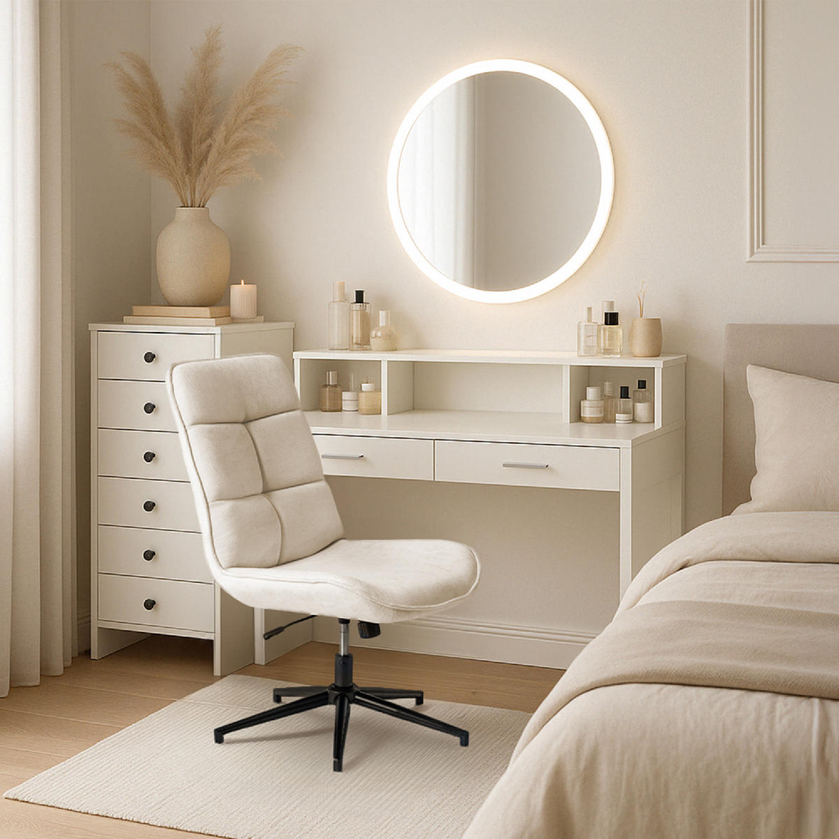 BÜROSTUHL, drehbar, mit Neigefunktion und Höhenverstellung von 35 bis 41 cm, Beige - Weiß, Textil/Metall (61/95/67cm) - Meubles Cosy