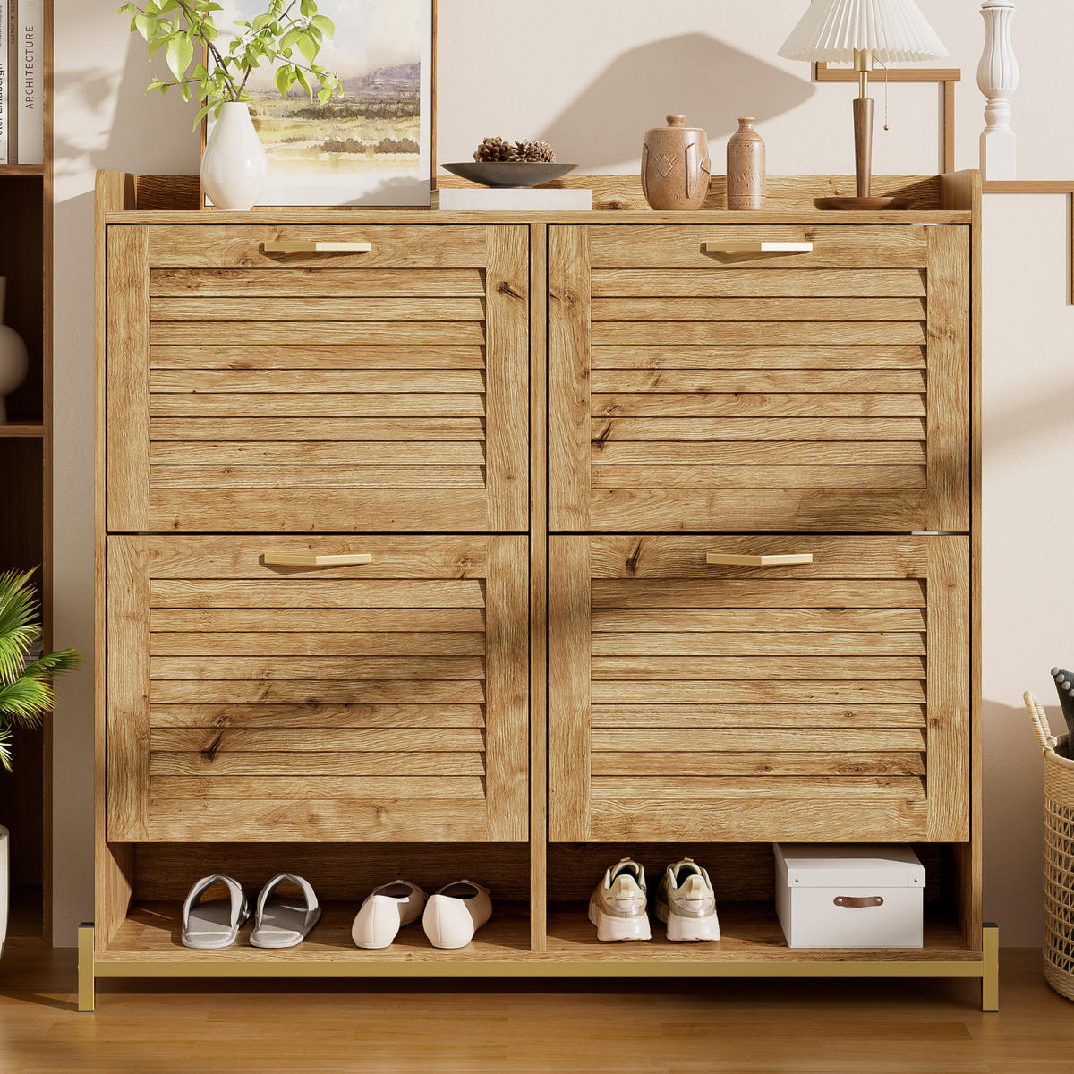 SCHUHKIPPER 108 cm in Holzoptik mit 4 Klappen, schmaler Schuhschrank aus MDF - Naturfarben, Holz (108/100/24cm) - PARAFTA HOME