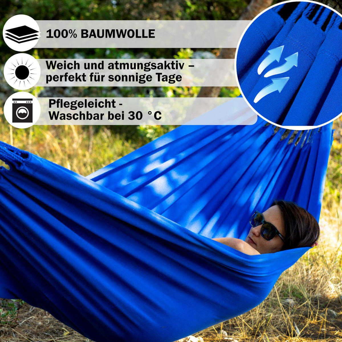 HÄNGEMATTE mit Gestell, 2 Personen, XXL, 200 kg, Metall, Merida Blau, einfache Montage - Blau, Metall (370/130/120cm) - Potenza