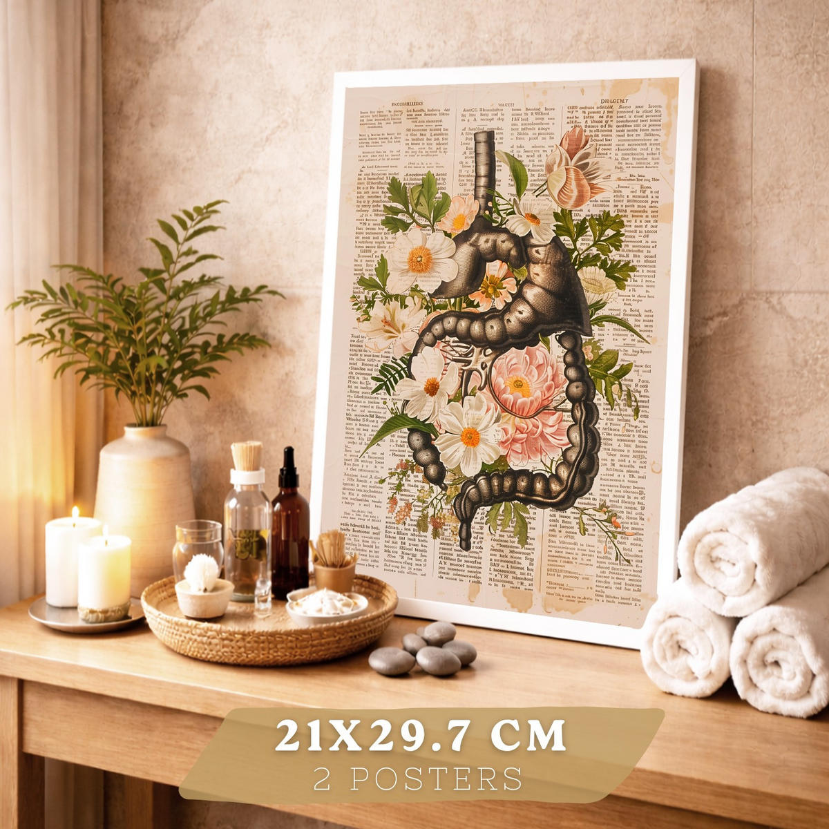 POSTER Set aus 2 Anatomie Mensch Drucke und Wandbilder mit Verdauungssystem Darm und Herz Klassisches Florales Design Größe Rahmenlos A4 - Klar, Papier (21/29.7/3cm) - Nacnic