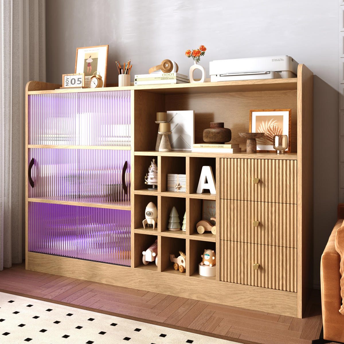SIDEBOARD 120/30/85 cm, Natur, mit LED-Beleuchtung, Glas-Schiebetüren und Weinregal - Transparent/Naturfarben, Glas/Holzwerkstoff (120/85/30cm) - CHICFURN