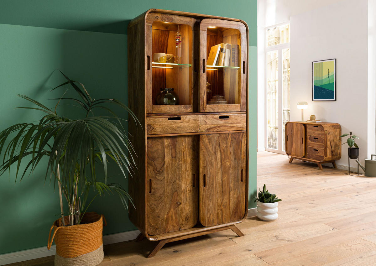 VITRINE Sheesham 90x40x180 hellbraun lackiert MAILAND #115 - Braun, Holz (90/180/40cm) - Massivmoebel24