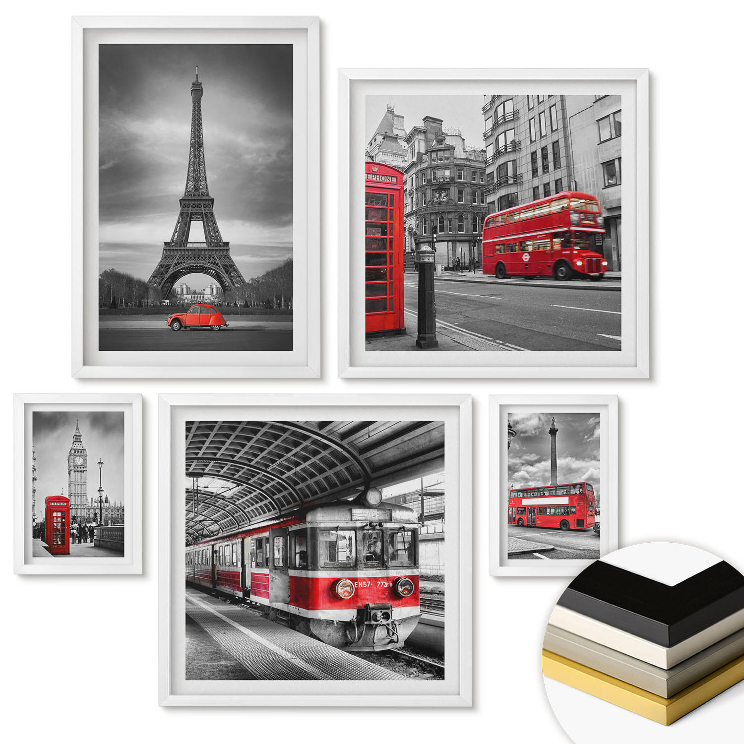 WANDBILDER 5er-Set - 50x50 cm & 20x30 cm & 40x60 cm Weißer Rahmen - Rote Busse in der Stadt - Weiß, Kunststoff (40/60cm) - ArtPrintCave