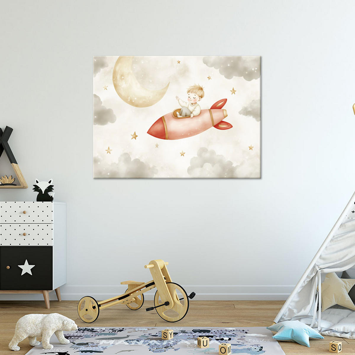 WANDBILD für kinderzimmer rakete in den wolken des weltraums - Grau, Textil (60/40cm) - Feeby