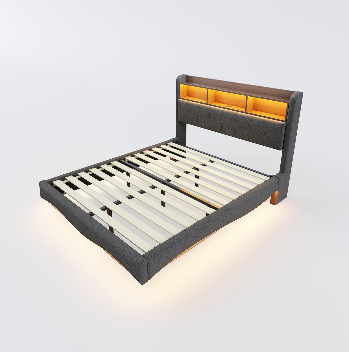 TAPECIRANI krevet 160/200 cm sivi od tkanine s LED rasvjetom, USB i Type-C priključcima - siva, tekstil (160/200cm) - OKWISH