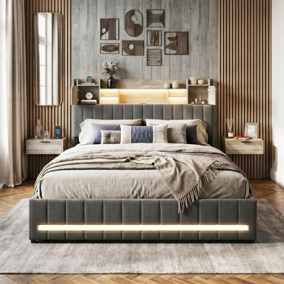 POLSTERBETT Modern 140/200 cm mit Galerie-Ablage & 4 Schubladen Leinenoptik Grau - Grau, Textil (140/200cm) - Creahappy