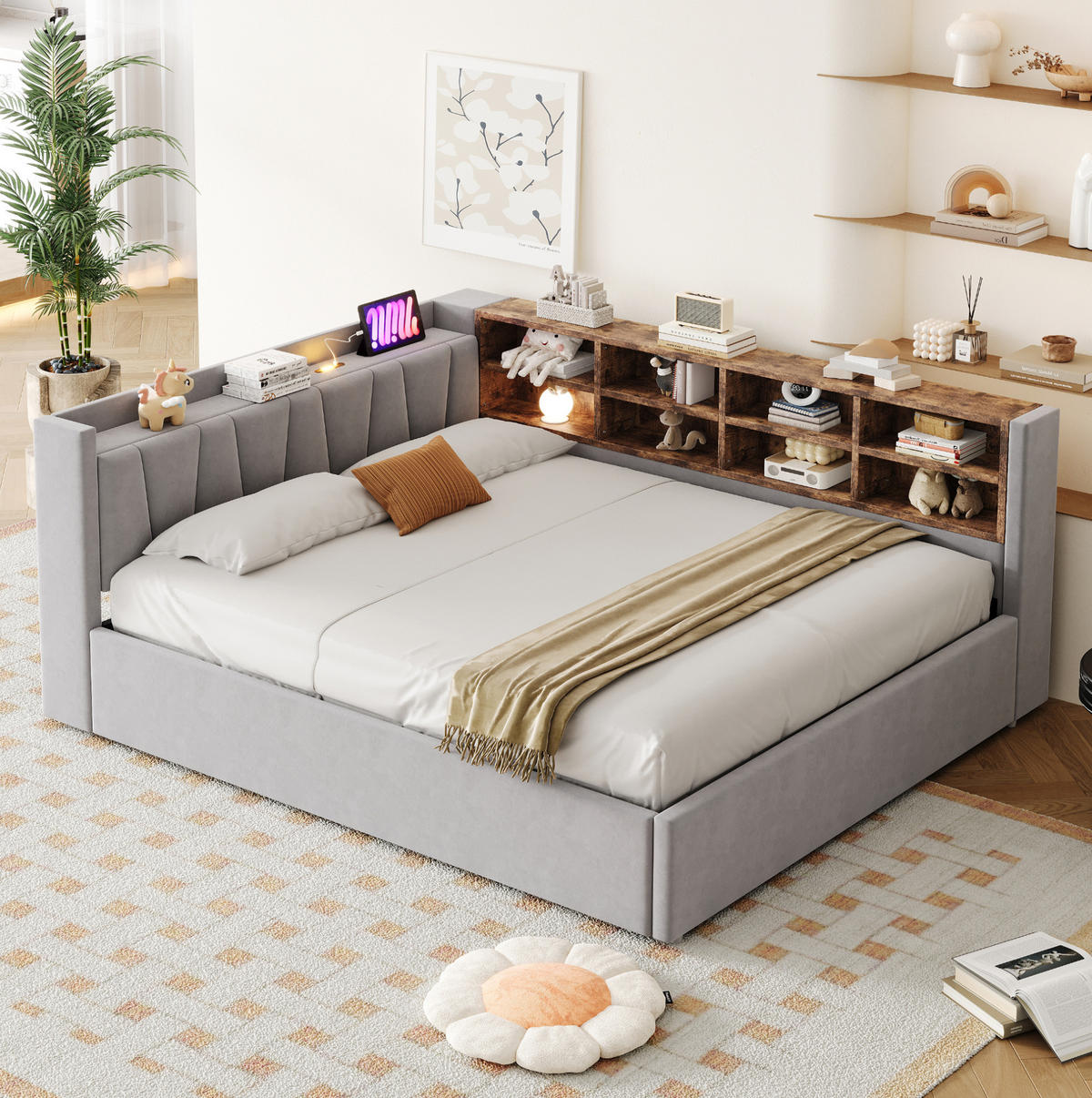 POLSTERBETT Schlafsofa aus Samt 140x200 cm Hellgrau mit hydraulischem Stauraum, Nachtlicht und USB-/Typ-C-Anschlüssen - Hellgrau, Textil (140/200cm) - Modfu