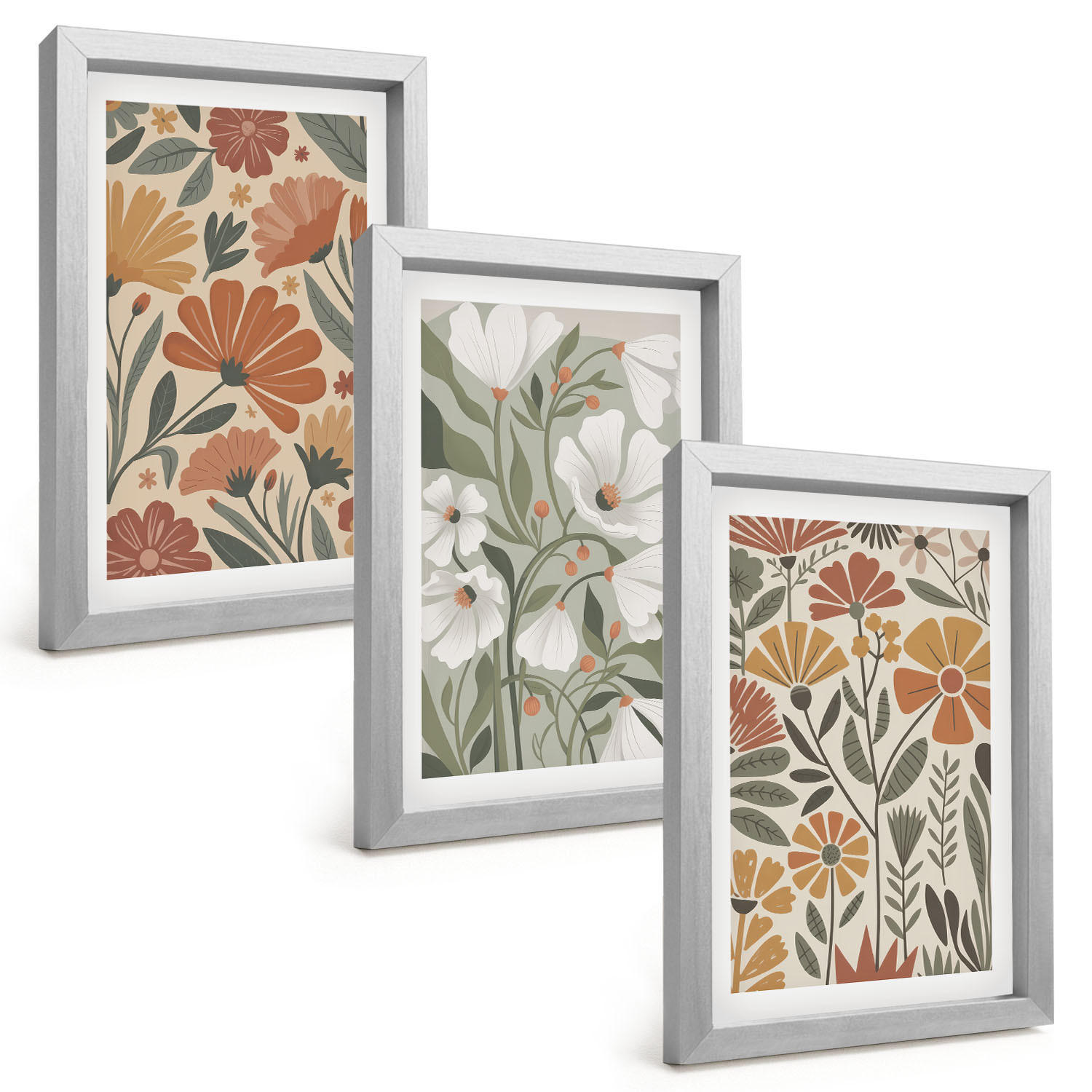 BILDER SET 3er Set - 20x30 cm Silberner Rahmen - Blumenmuster in Orange und Grün - Silberfarben, Kunststoff (20/30cm) - TULUP