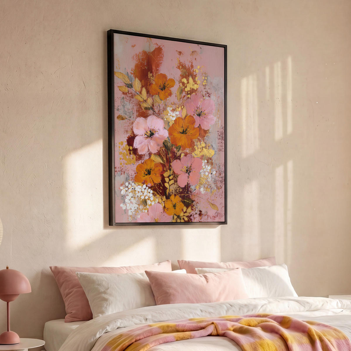 LEINWAND Bilder mit Rahmen - Malerei - Blumen - Rustikal - Rosa - 90x140 - Altrosa, Textil (90/140cm) - MuchoWow