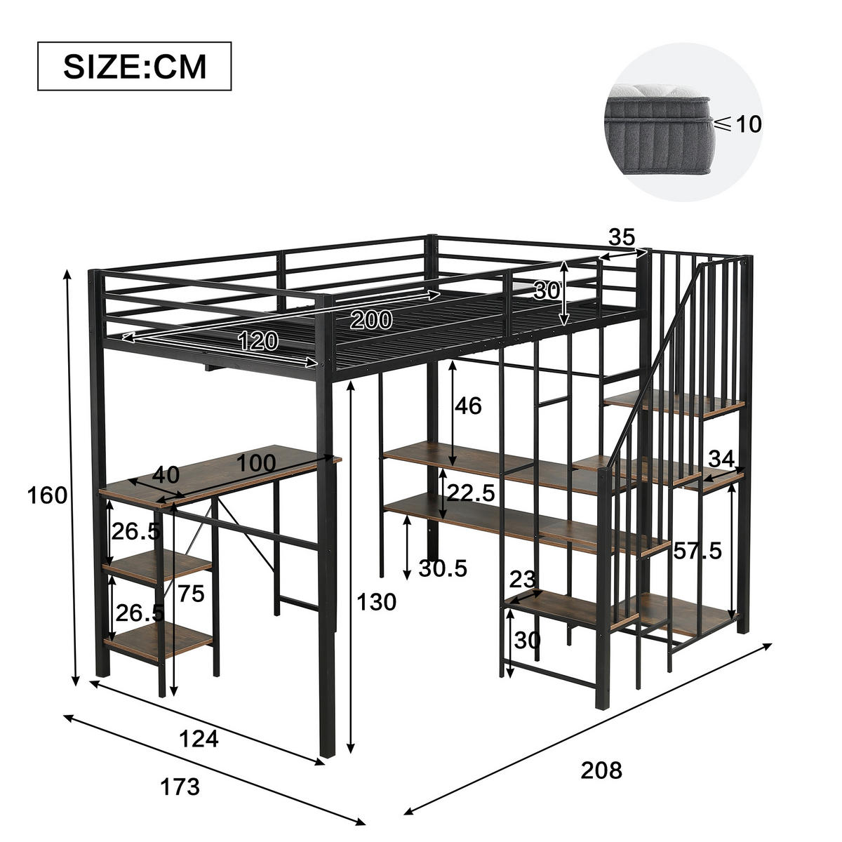 ETAGENBETT 120/200 cm Schwarz mit Eckleiterschrank und Tisch aus Eisen und MDF - Schwarz, Holzwerkstoff (120/200cm) - OKWISH