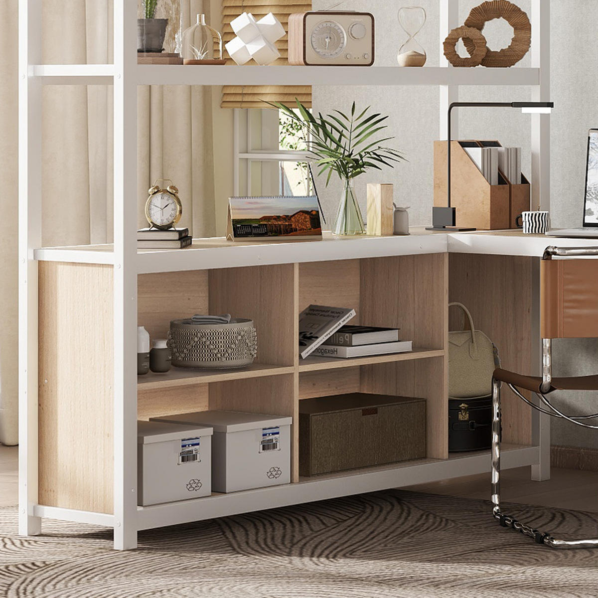 HOCHBETT 140/200 cm in Weiß & Natur mit Kleiderschrank, Stauraum und Schreibtisch - Weiß, Holzwerkstoff/Metall (140/200cm) - CHICFURN