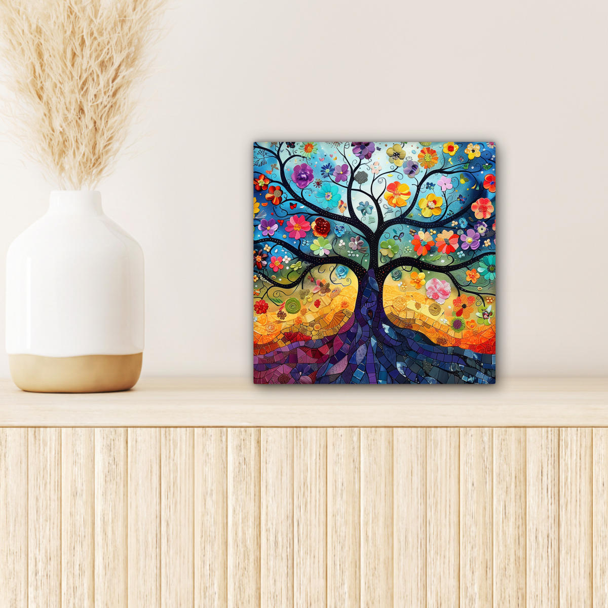 LEINWANDBILD Kunst - Baum des Lebens - Blumen - Hippie Deko Wohnzimmer 20x20 cm - Dunkelblau, Textil (20/20cm) - MuchoWow