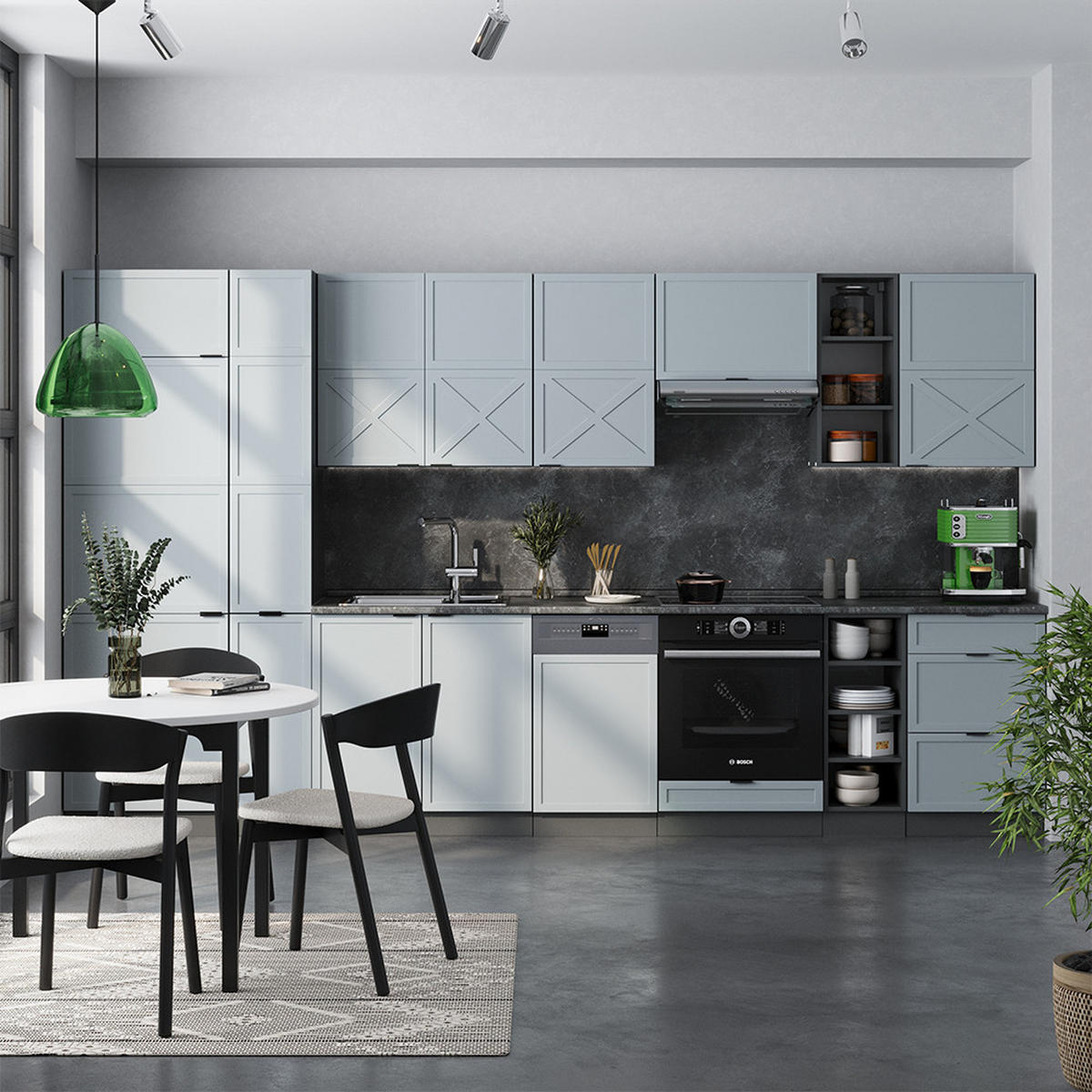 KÜCHENZEILE Fame-Line Hellblau-grau/Anthrazit 355 cm, AP Marmor - Anthrazit/Hellblau, Holzwerkstoff (355/81.6/60cm) - Vicco