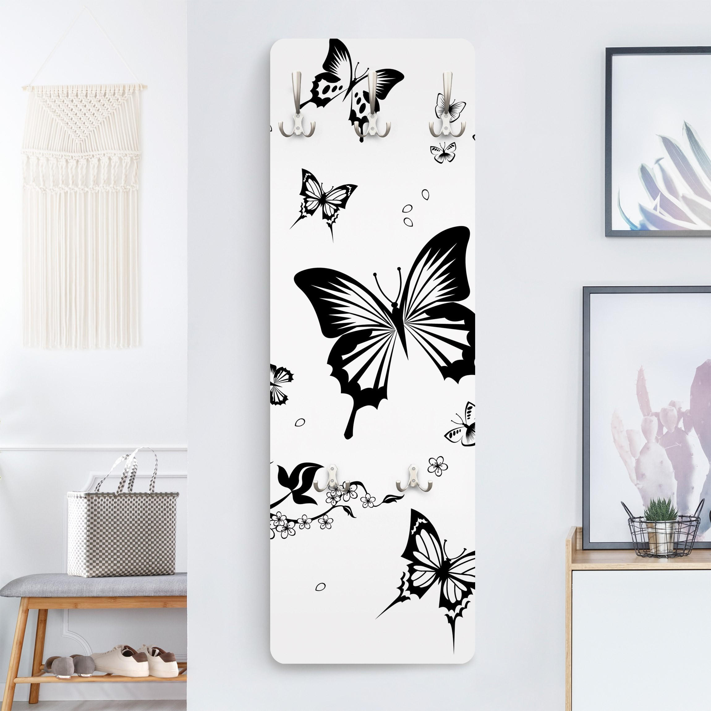 WANDGARDEROBE - Blumen und Schmetterlinge 34/105 cm - Schwarz, Holzwerkstoff (34/105/1.6cm) - Bilderwelten