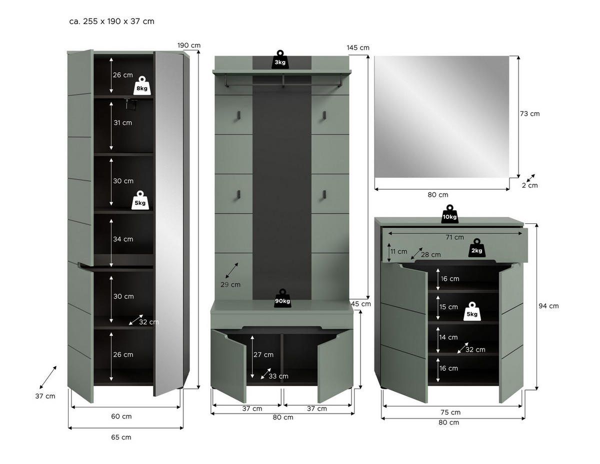 GARDEROBE Nova (B/H/T: ca. 255/190/37 cm) 5 tlg. in Basalt grau/Smoke Green - Grau, Holzwerkstoff (255/190/37cm)