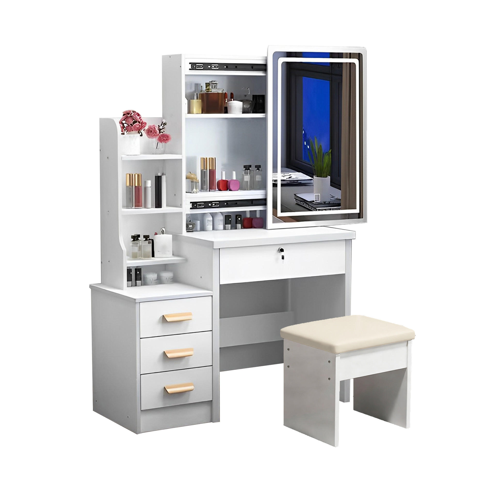 SCHMINKTISCH in Weiß Frisiertisch mit Spiegel LED-Beleuchtung Hocker 4 Schubladen 3 Farbmodi , B85/T36/H130cm - Weiß, Glas/Holzwerkstoff (85/130/36cm) - STILVORA
