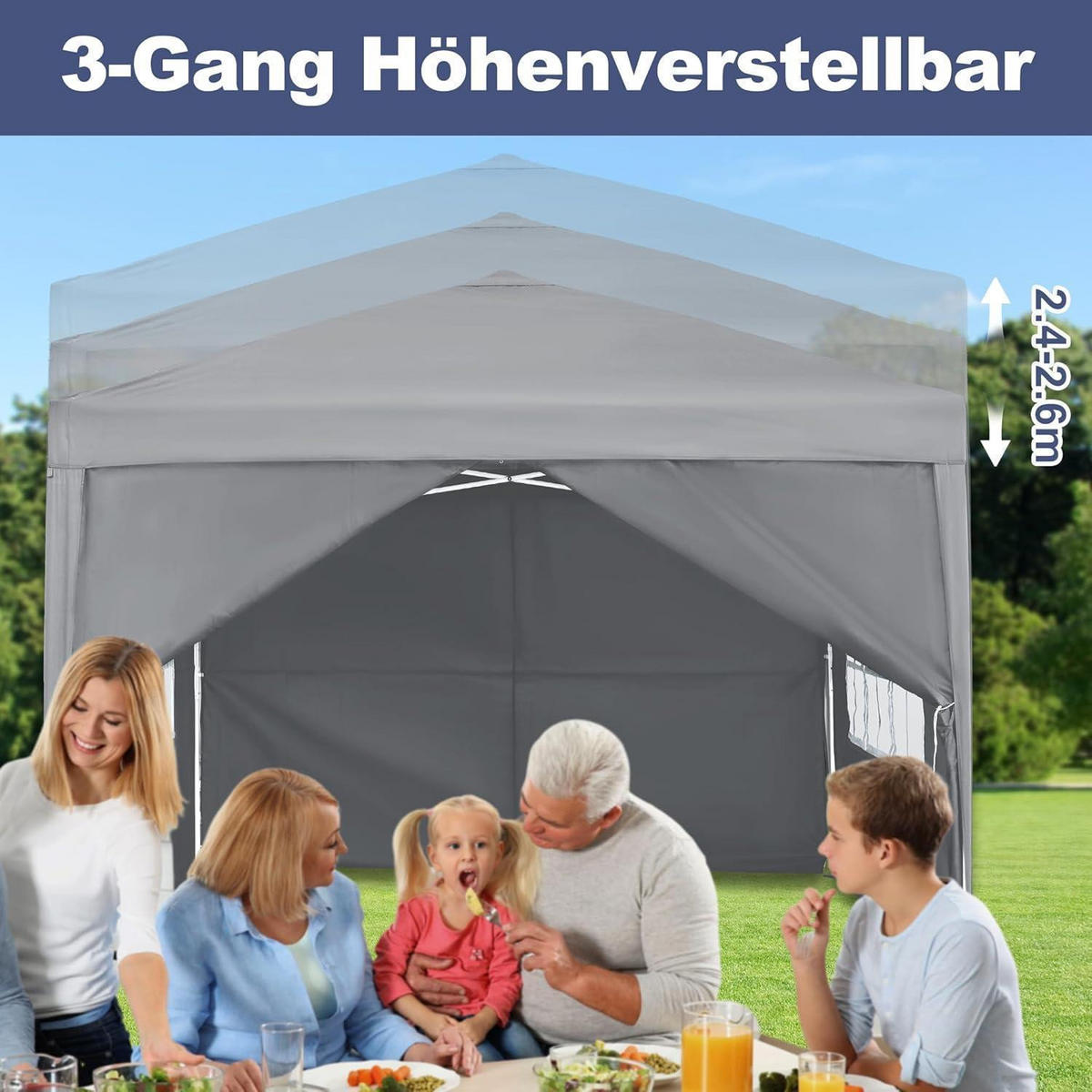 FALTPAVILLON 2.5 x 2.5 m Grau Wasserdicht mit 4 Seitenteilen - Grau, Textil (250/260/250cm)
