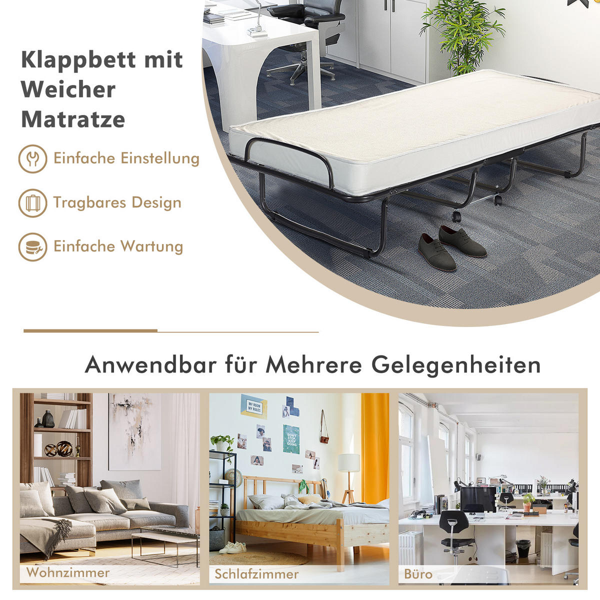 GASTEBETT mit Matratze Beige - Schwarz, Metall - COSTWAY