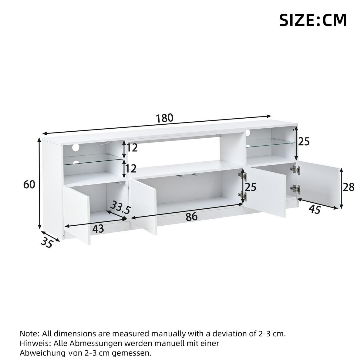 TV-SCHRANK LED Beleuchtung Hochglanz 4 Türen 8 Fächer 75 Zoll Weiß - Weiß, Holzwerkstoff (180/60/35cm) - FLIEKS