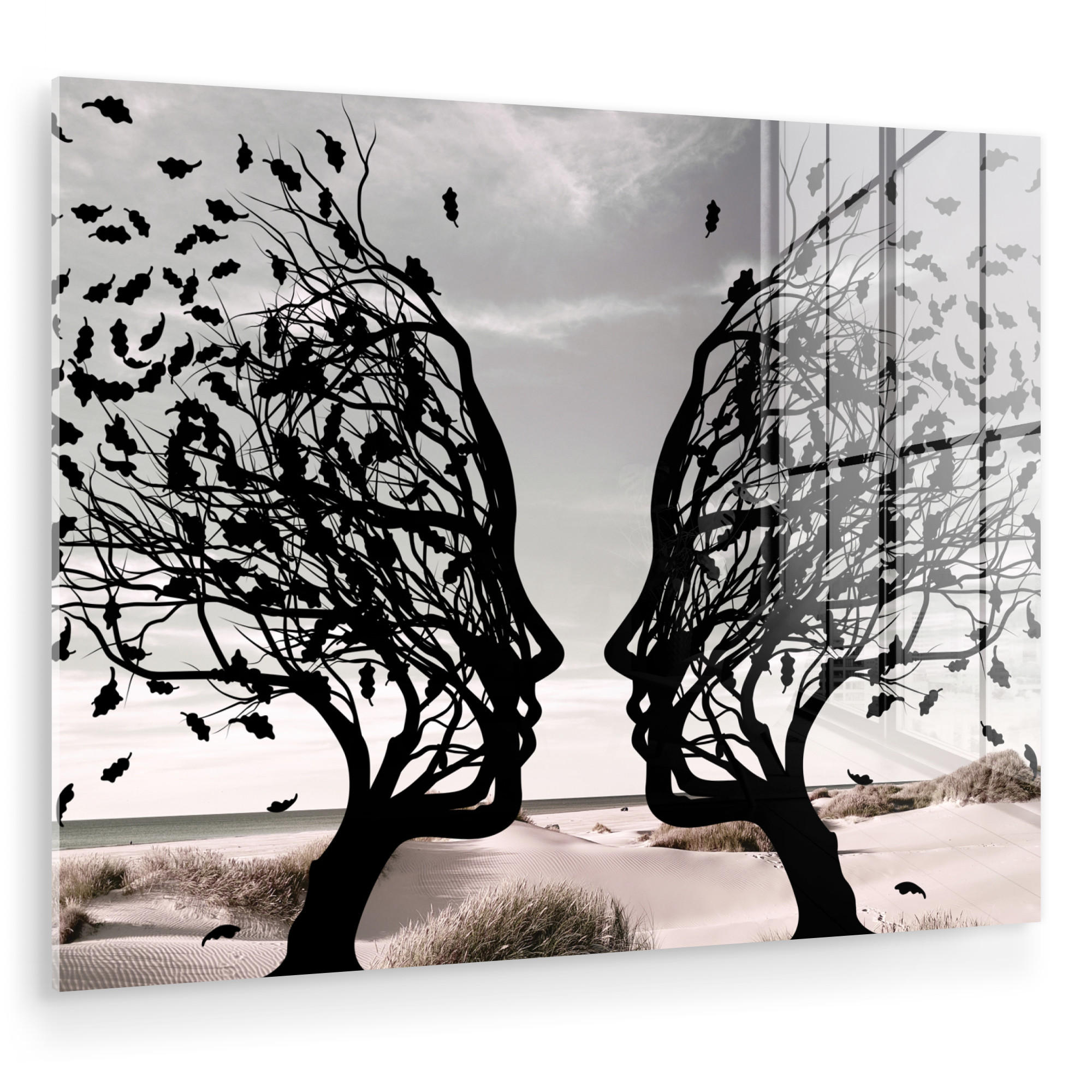 ACRYLGLASBILD Strand - Meer - Menschen - Baum - Moderne Kunst 80x60 cm - Hellgrau, Glas (80/60cm) - MuchoWow