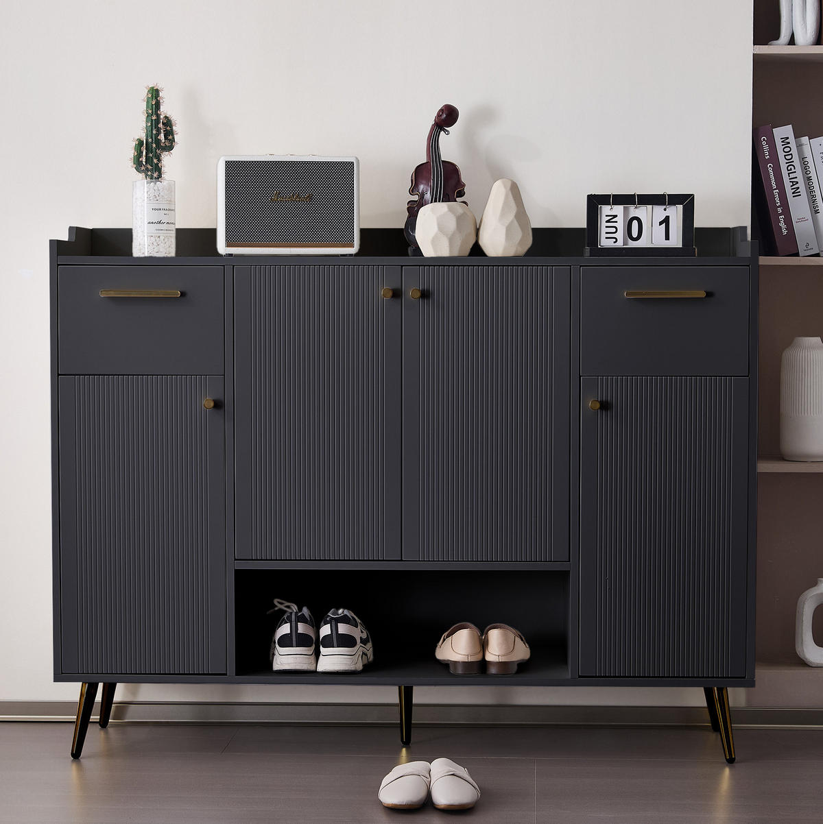 SCHUHSCHRANK 130/37/100 cm in Schwarz mit 2 Schubladen und 4 Türen - Schwarz, Holzwerkstoff (130/100/37cm) - Flora Grace