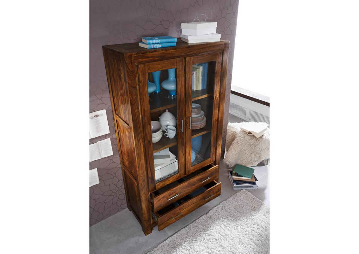VITRINE Sheesham 100x45x180 braun lackiert METRO LIFE #101 - Braun, Holz (100/180/45cm) - Massivmoebel24