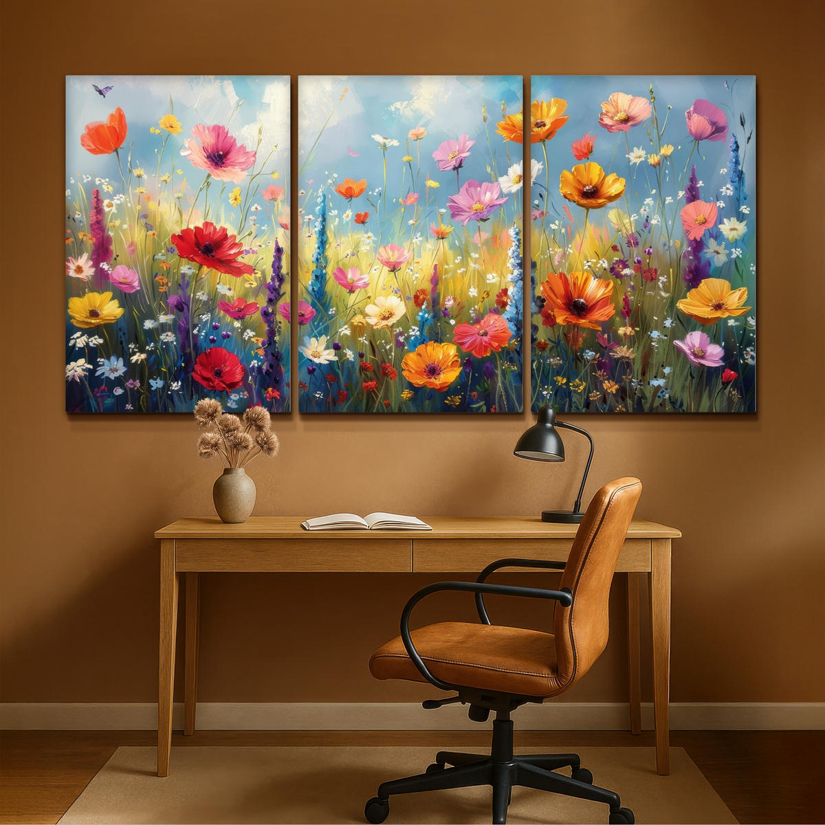 LEINWANDBILD 3er Set Blumen - Frühling - Farbenfroh - Sommerlich 240x120 cm - Orange, Textil (240/120cm) - MuchoWow