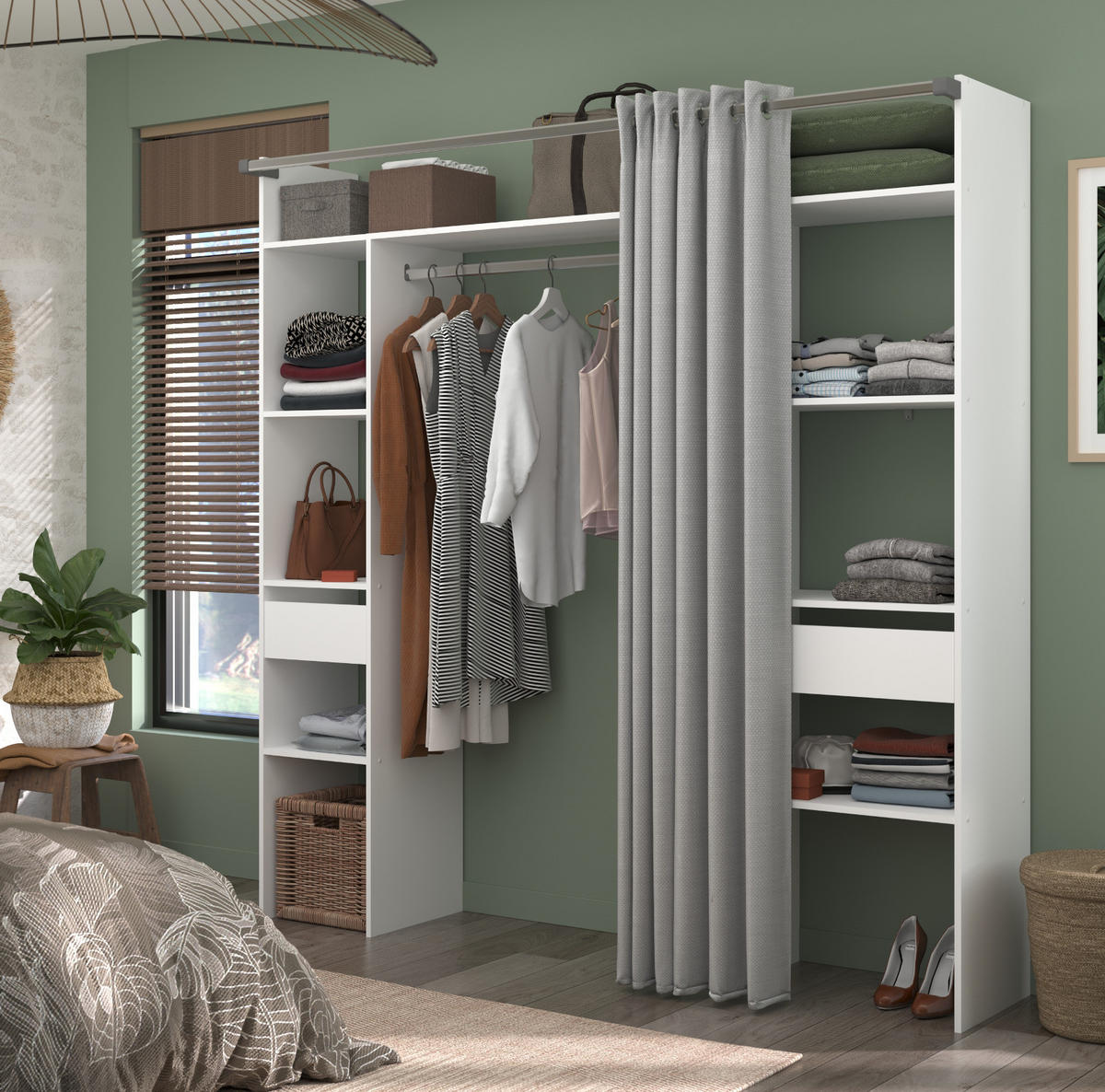 KLEIDERSCHRANK weiß, grau, Mehrzweckschrank 198 cm mit Vorhang - Weiß/Grau, Holzwerkstoff/Textil (198/203/40cm) - Parisot Meuble