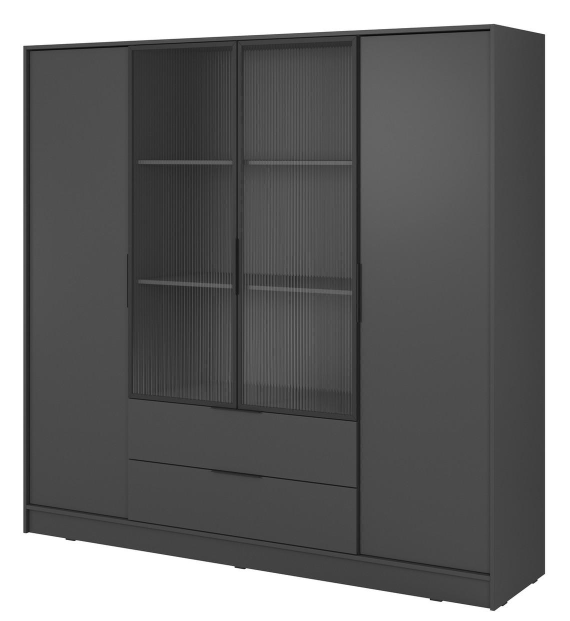 SCHRANK 206 cm mit Glas Kalma, Schubladen, 4 Türen, Graphite - Graphitfarben, Holz (206/200/51cm) - Emporius