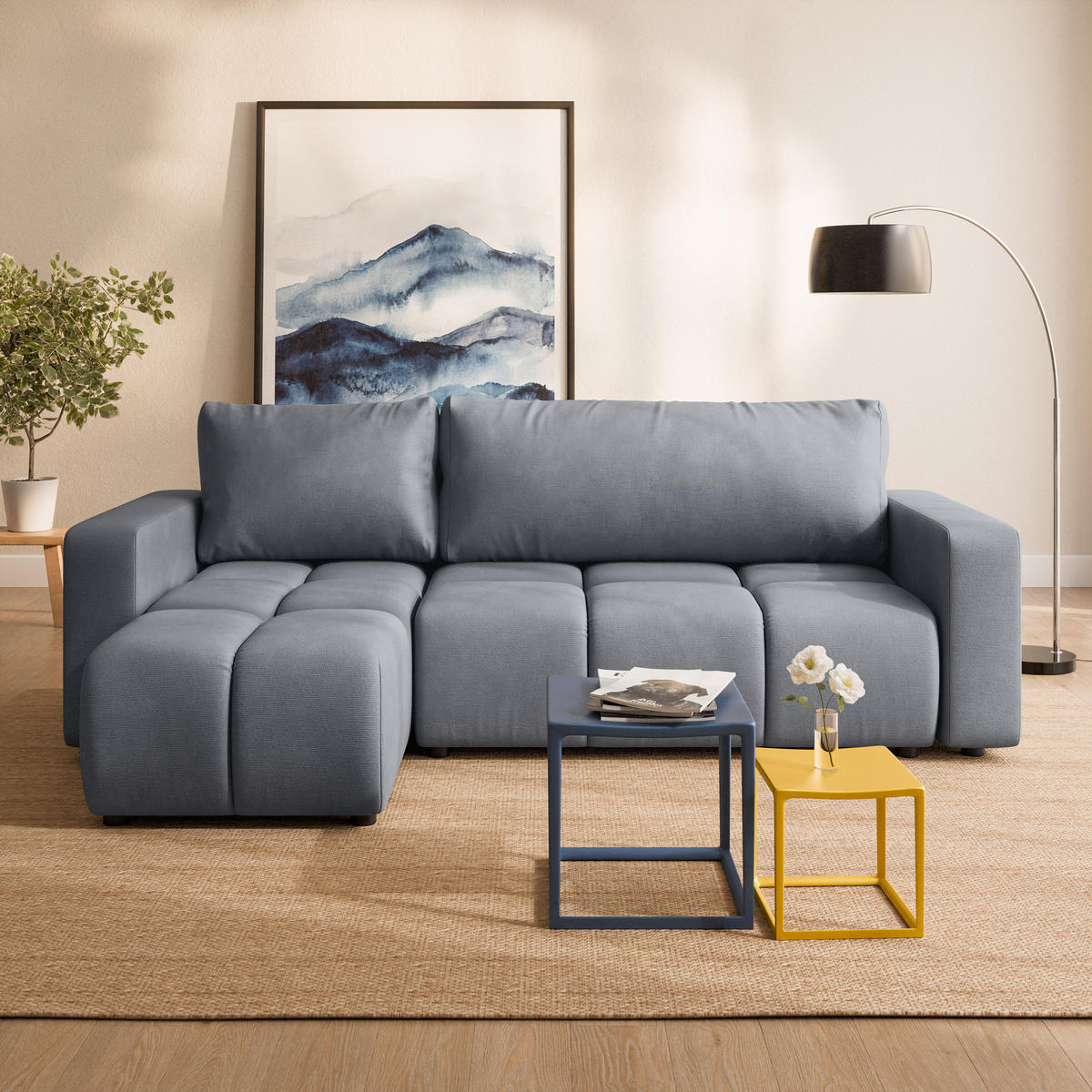 ECKSOFA RAMIL Grau Plüsch-Stoff mit Schlaffunktion - Grau, Holz (240/149cm) - MASSENO